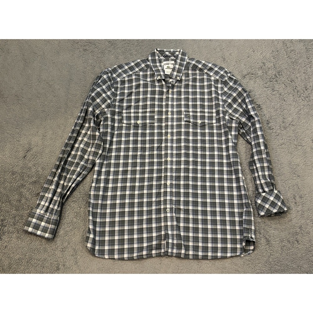 Lacoste Shirt Mens 42 US Large Green Plaid Modern Fit Long Sleeve Cotton